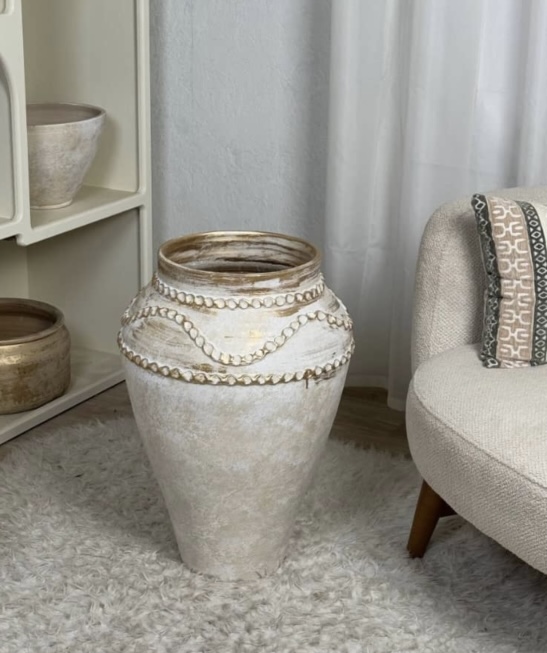 گلدان پتینه کاری دکوراتیو ۶۰سانت سفید طلایی مناسب گل طبیعی و مصنوعی